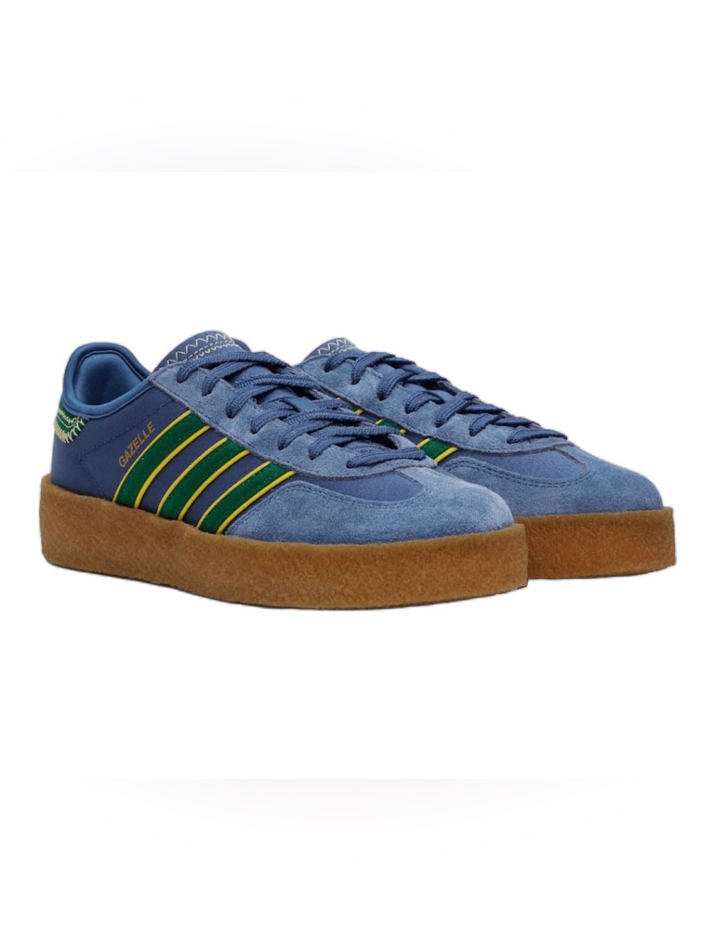 adidas Gazelle Blue Suede Sneakers with Green and Yellow Stripes